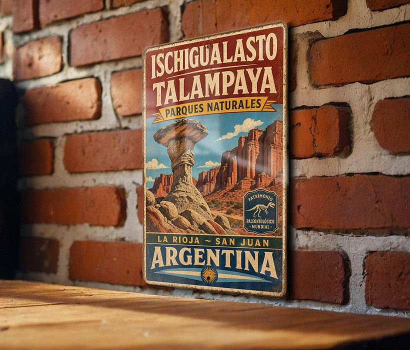 A vintage-style metal sign with the text "Ichigualasto Talpaya" and "PARQUES NATURALES" is displayed on a brick wall.
