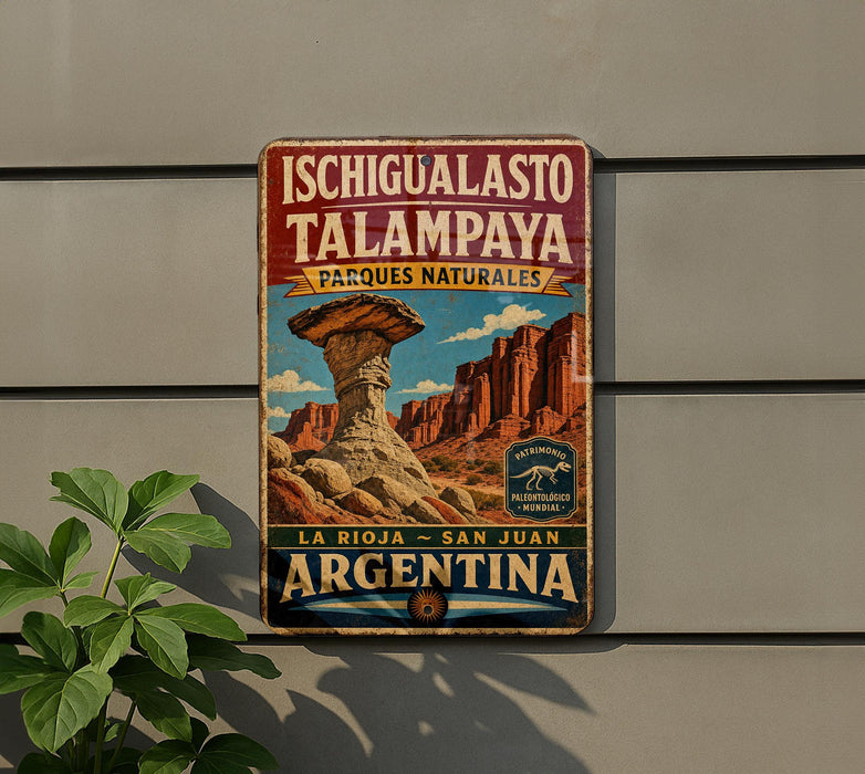 A vintage-style metal sign advertising the Ichigualasto Talpaya, a famous natural landmark in Argentina.