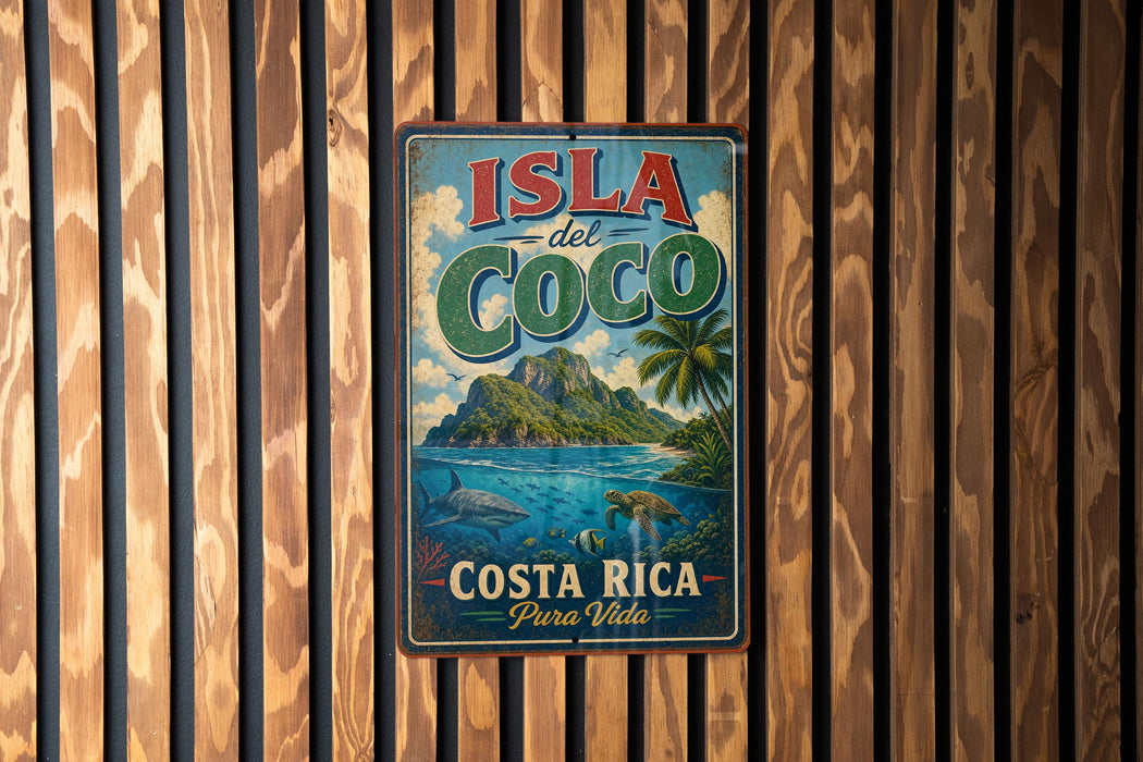 A vintage-style metal sign with the text "ISLA del COCO" and "COSTA RICA Puro Vida" is displayed on a wooden wall.
