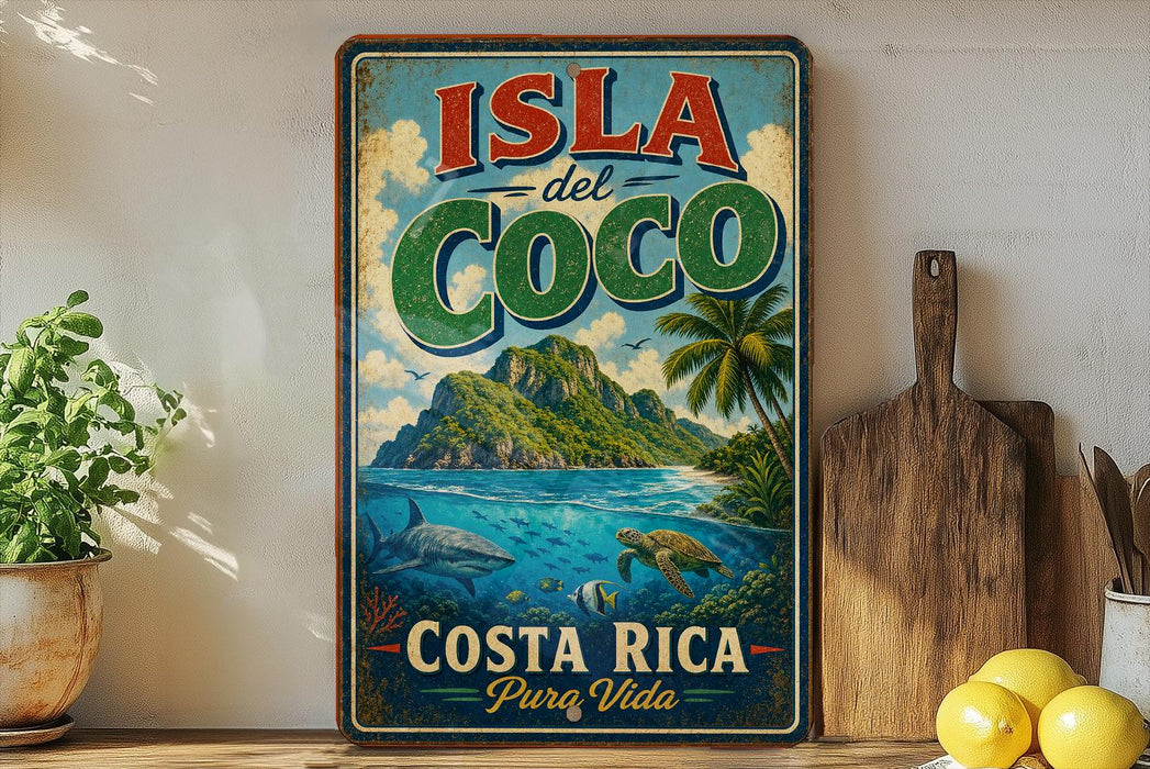 A vintage-style sign for "Isla del Coco" in Costa Rica, featuring a tropical island landscape with palm trees, a blue ocean, and various marine life.