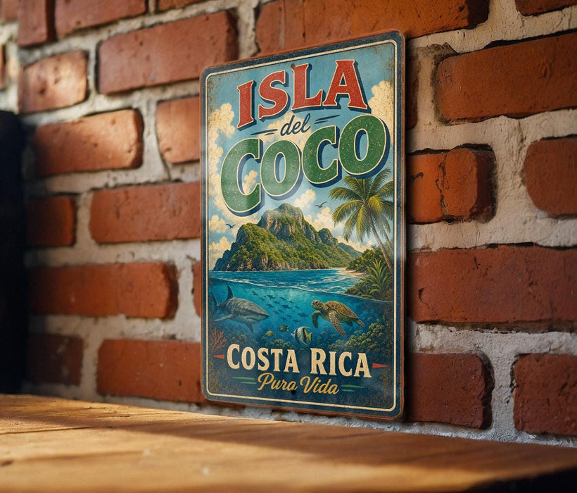 A vintage-style sign for the island of Costa Rica, featuring a tropical landscape with palm trees, a blue ocean, and a mountain range.