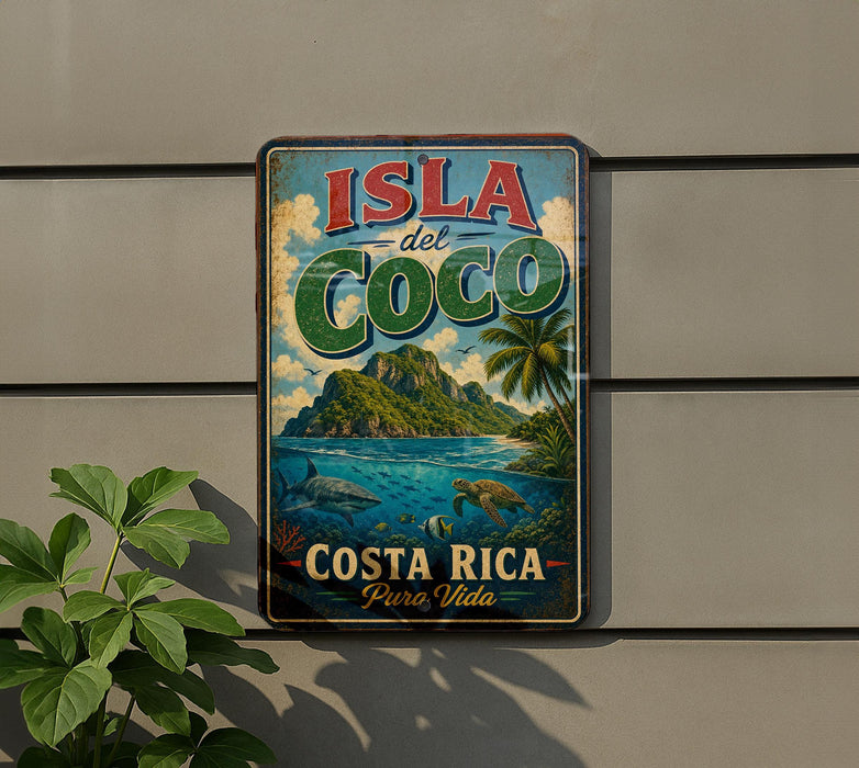 A vintage-style metal sign with the text "ISLA del COCO" and "Costa Rica Pure Vida" is displayed on a wall, with a plant to the left.