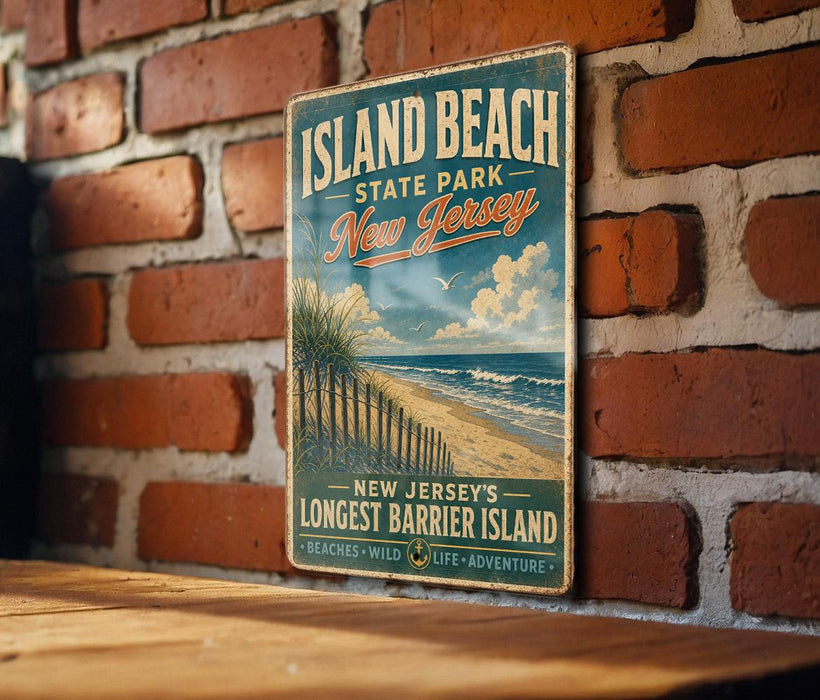 A vintage-style metal sign for Island Beach State Park in New Jersey, featuring a beach scene and the text "New Jersey's Longest Barrier Island" and "Beaches - Wild - Life - Adventure".