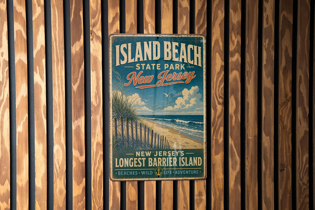 A vintage metal sign for Island Beach State Park in New Jersey, featuring a beach scene and the text "New Jersey's Longest Barrier Island" and "Beaches - Wild - Adventure".