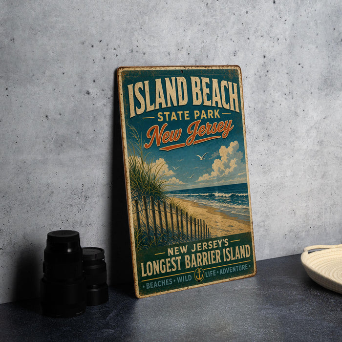 A vintage-style sign for Island Beach State Park in New Jersey, featuring a beach scene with a fence and a bird in flight.