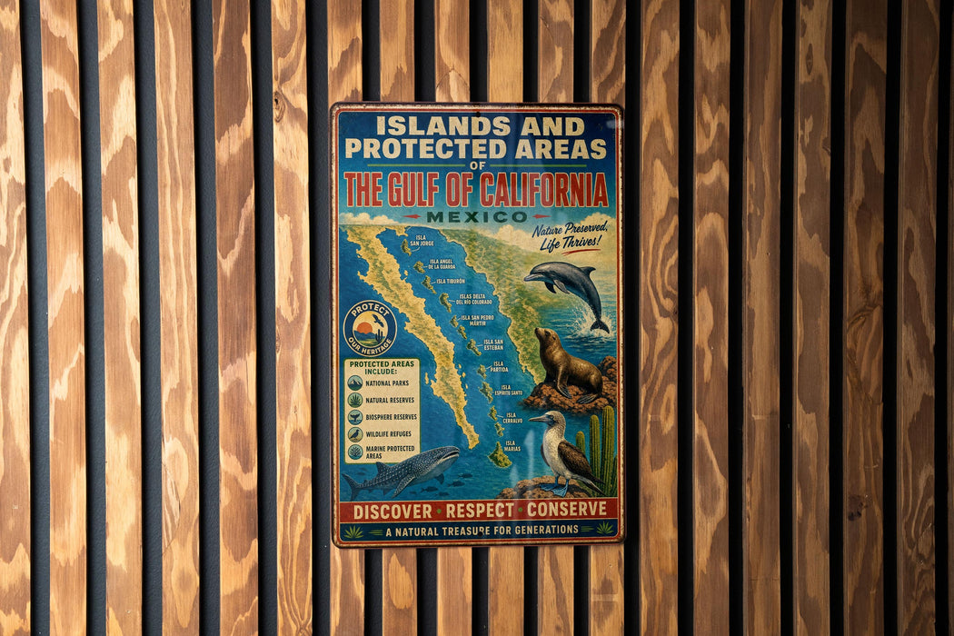 A vintage metal sign promoting the Gulf of California, featuring a map and illustrations of marine life, is displayed on a wooden wall.