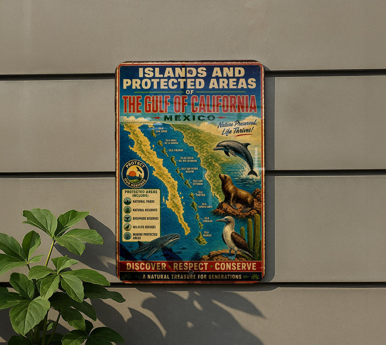 A vintage metal sign on a wall, featuring a map of the Gulf of California and various marine life, including a dolphin and a seal.