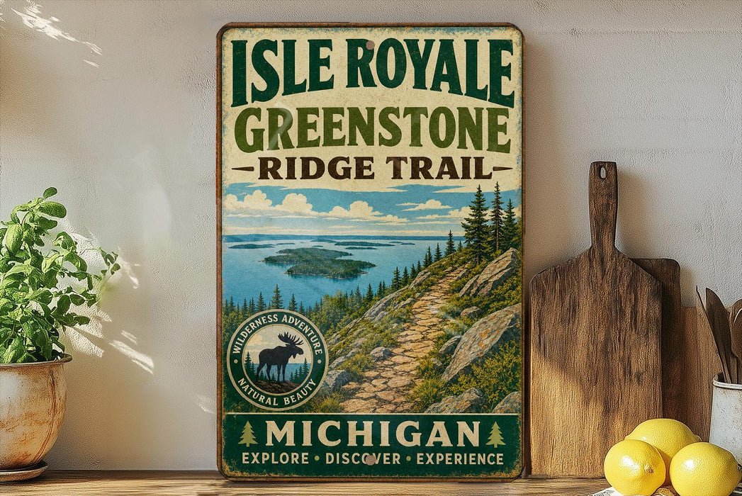 A vintage-style metal sign for Isle Royale Greenstone Ridge Trail, featuring a scenic mountain landscape with a moose, surrounded by lush greenery and a winding trail.