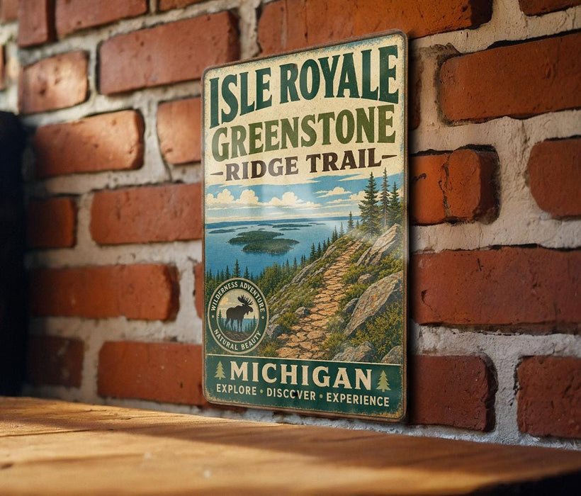 A vintage metal sign for Isle Royale Greenstone Ridge Trail, featuring a scenic mountain landscape with a moose and a path leading to the island.