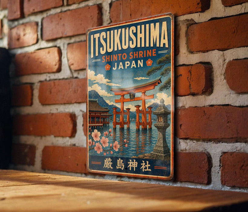 A vintage-style metal sign with the text "ItsukUSHIMA SHINTO SHRINE JAPAN" and an illustration of a traditional Japanese torii gate, which is a famous Shinto shrine located in ItsukUSHIMA, Japan.
