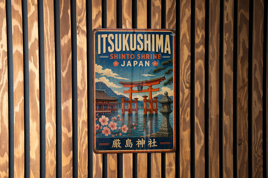 A vintage metal sign with the text "ItsukUSHIMA SHINTO SHRINE JAPAN" and an illustration of a traditional Japanese torii gate, which is a famous Shinto shrine located in Japan.