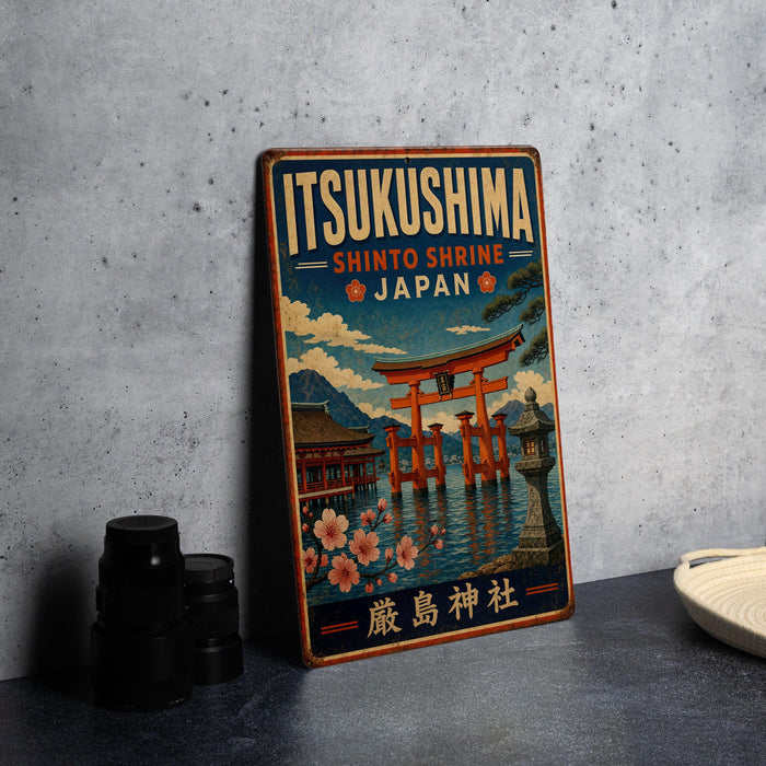 A vintage-style metal sign for Shinto shrine in Japan, featuring an illustration of the Shinto shrine and surrounding landscape.