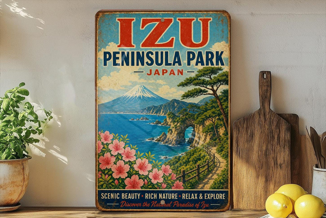A vintage-style poster advertising Izu Peninsula Park in Japan, featuring a scenic landscape with a mountain, ocean, and flowers.