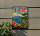 A vintage-style metal sign for Izu Peninsula Park in Japan, featuring a scenic landscape with a mountain, ocean, and flowers.