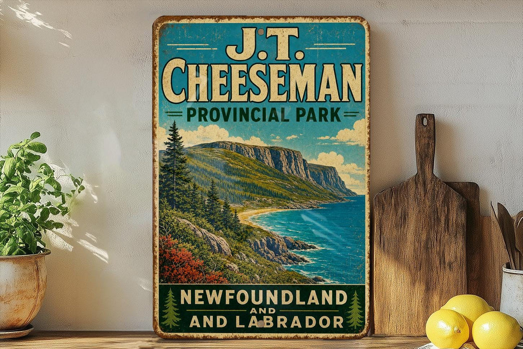 A vintage-style sign for J.T. Cheeseman Provincial Park, featuring a scenic mountain landscape with a beach and ocean.