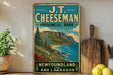 A vintage-style sign for J.T. Cheeseman Provincial Park, featuring a scenic mountain landscape with a beach and ocean.