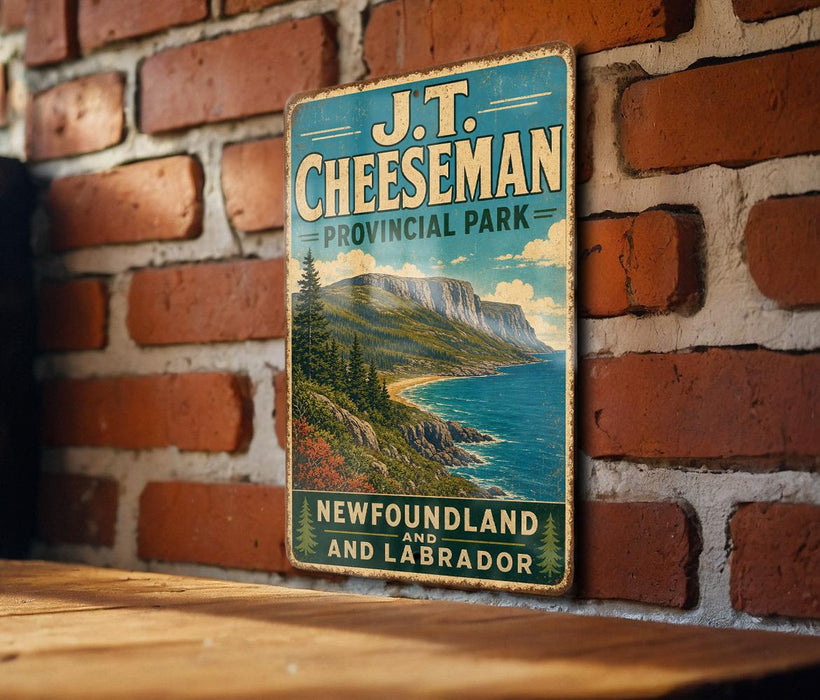 A vintage-style metal sign for J.T. Cheeseman Provincial Park, New Brunswick and Labrador, featuring a scenic mountain landscape.