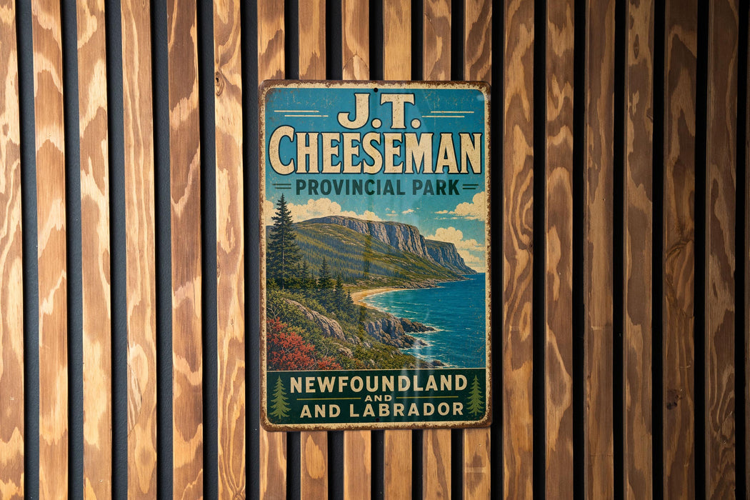 A vintage-style metal sign for J.T. Cheeseman Provincial Park, New Brunswick and Labrador, featuring a scenic mountain landscape.