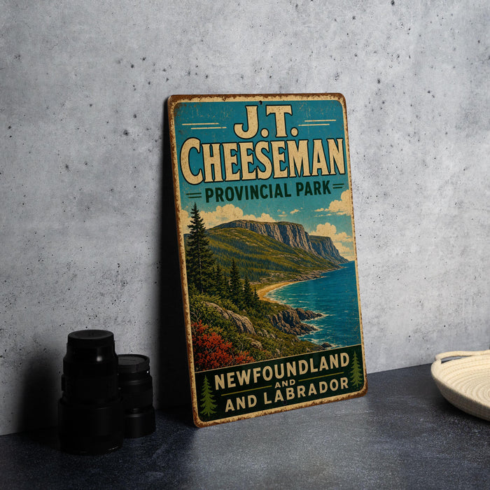 A vintage-style metal sign for J.T. Cheeseman Provincial Park in New Brunswick, Labrador, featuring a scenic landscape with mountains, trees, and a body of water.