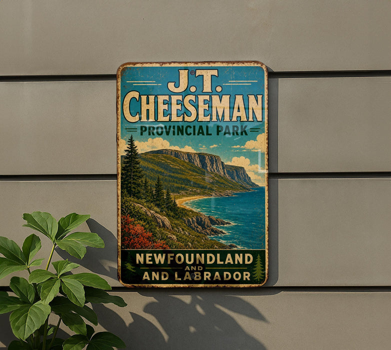 A vintage metal sign for J.T. Cheeseman Provincial Park, featuring a scenic mountain landscape with a lake and coastal area.