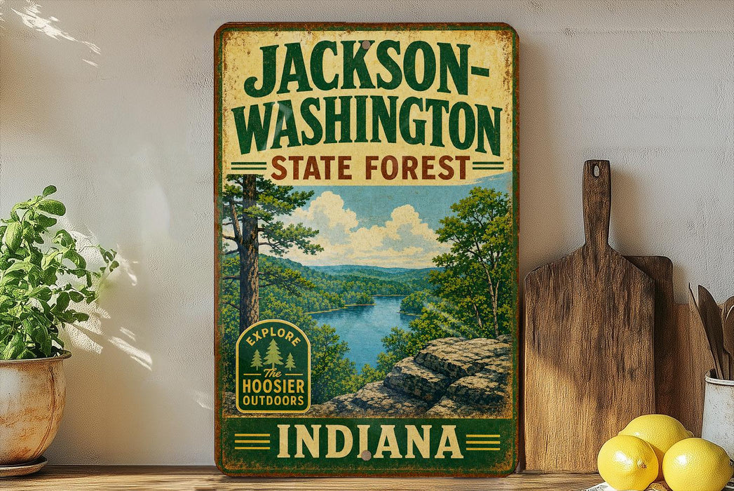 A vintage-style sign for Jackson-Washington State Forest, Indiana, featuring a scenic landscape with a river and trees.