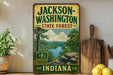 A vintage-style sign for Jackson-Washington State Forest, Indiana, featuring a scenic landscape with a river and trees.