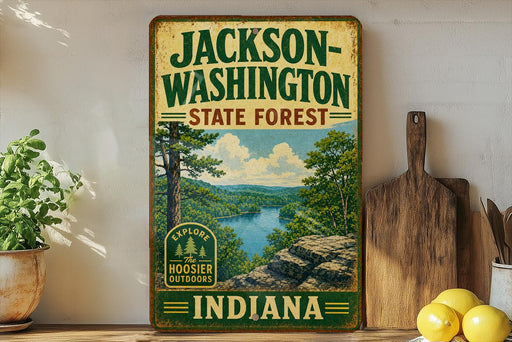 A vintage-style sign for Jackson-Washington State Forest, Indiana, featuring a scenic landscape with a river and trees.