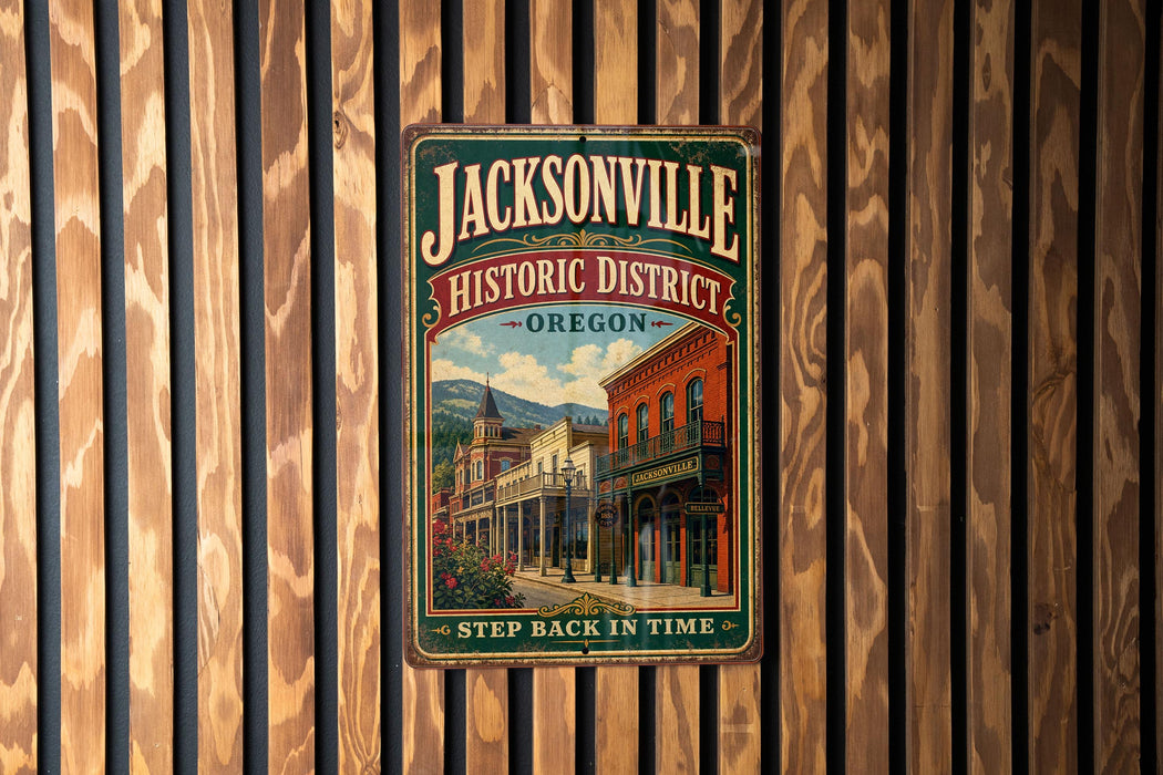 A vintage-style metal sign for the Jacksonville Historic District in Oregon, featuring an illustration of a historic building and the text "Step back in time".