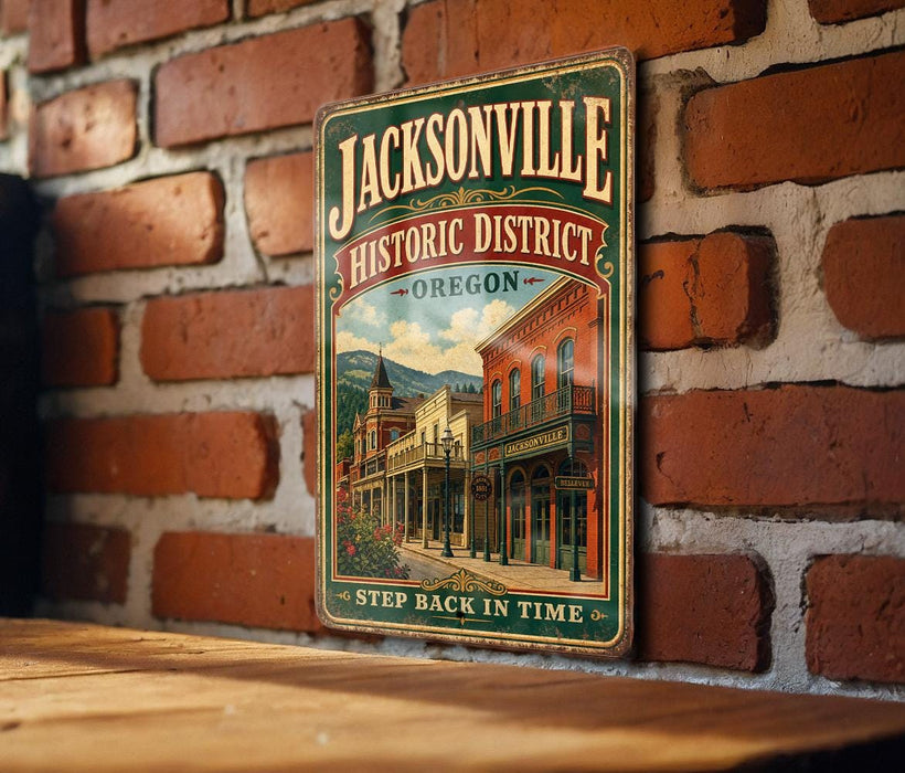A vintage-style metal sign for the Jacksonville Historic District in Oregon, featuring an illustration of a historic building and the text "Step back in time".