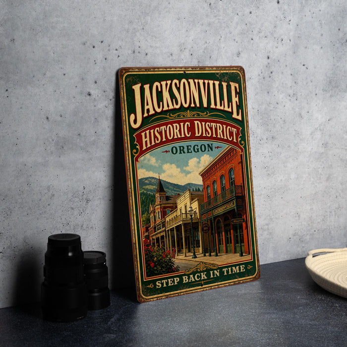 A vintage-style metal sign for the Jacksonville Historic District in Oregon, featuring an illustration of a historic building and the text "Step back in time".