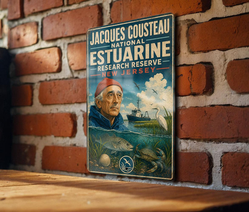 A vintage-style poster featuring a man in a fishing hat, surrounded by marine life, is displayed on a brick wall.