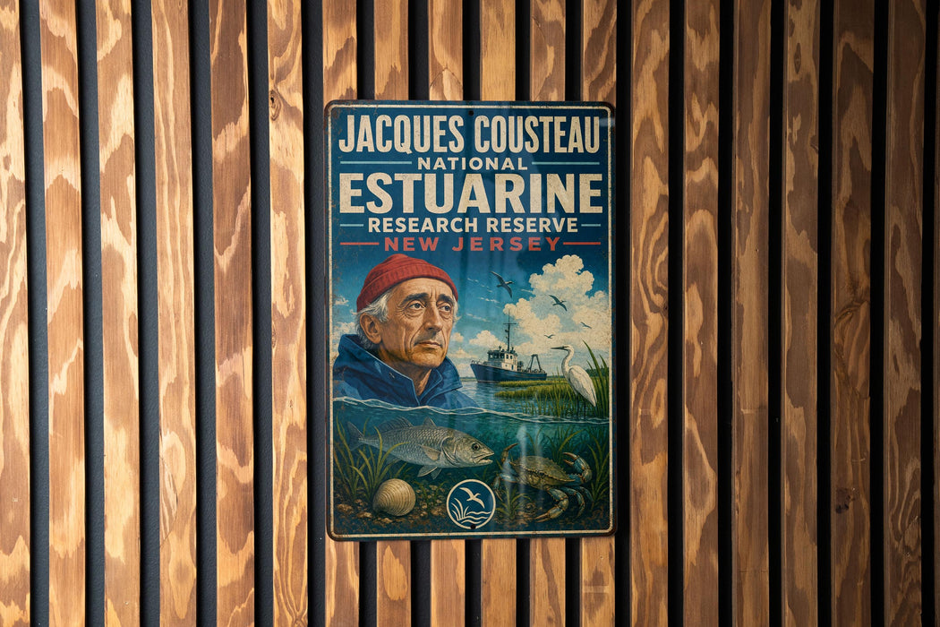 A vintage-style poster featuring a man in a blue jacket and red cap, with a background of a river and a bird, is displayed on a wooden wall.