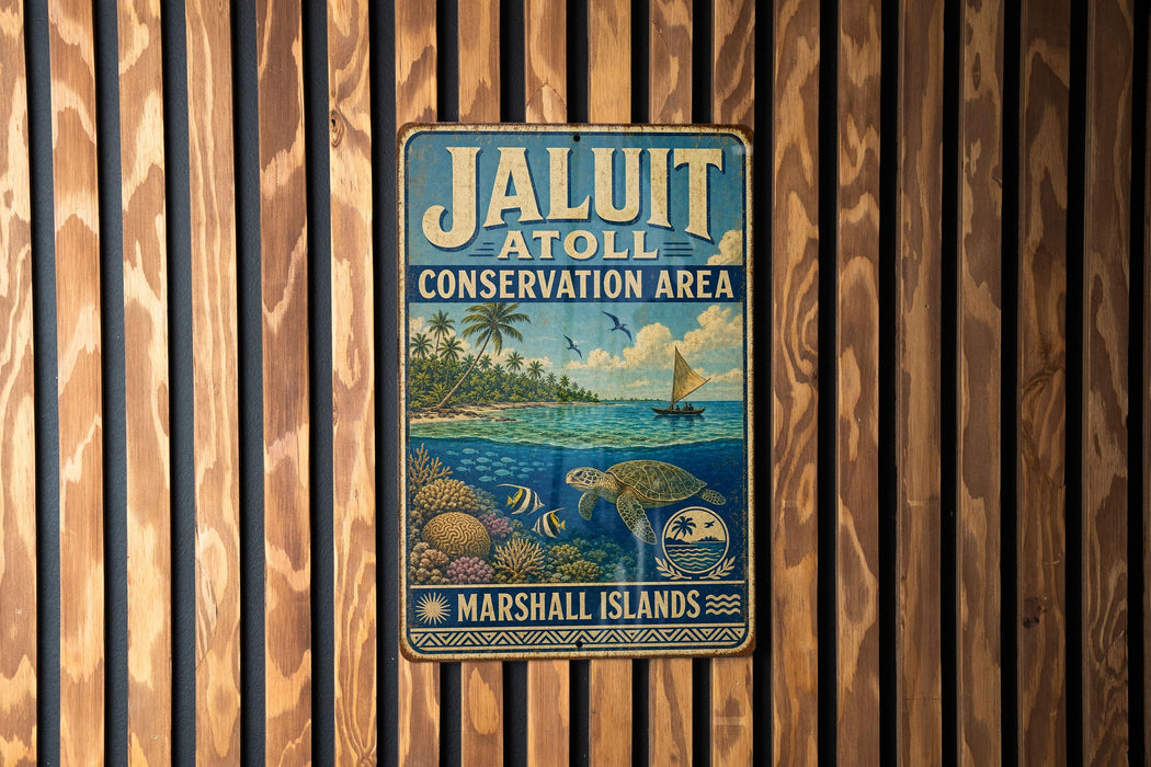 A vintage metal sign for the Jaluit Conservation Area in the Marshall Islands, featuring a tropical beach scene with palm trees, a sailboat, and a turtle.