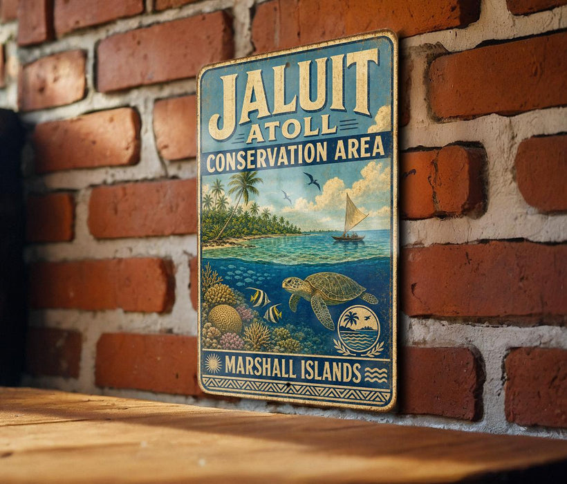 A vintage metal sign for the Jaluit Conservation Area, featuring a tropical beach scene with a sailboat, palm trees, and marine life.