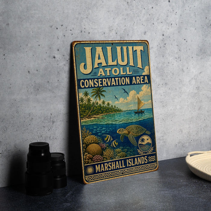 A vintage metal sign for the Jaluit Atoll Conservation Area, featuring a tropical beach scene with palm trees, a boat, and a turtle.