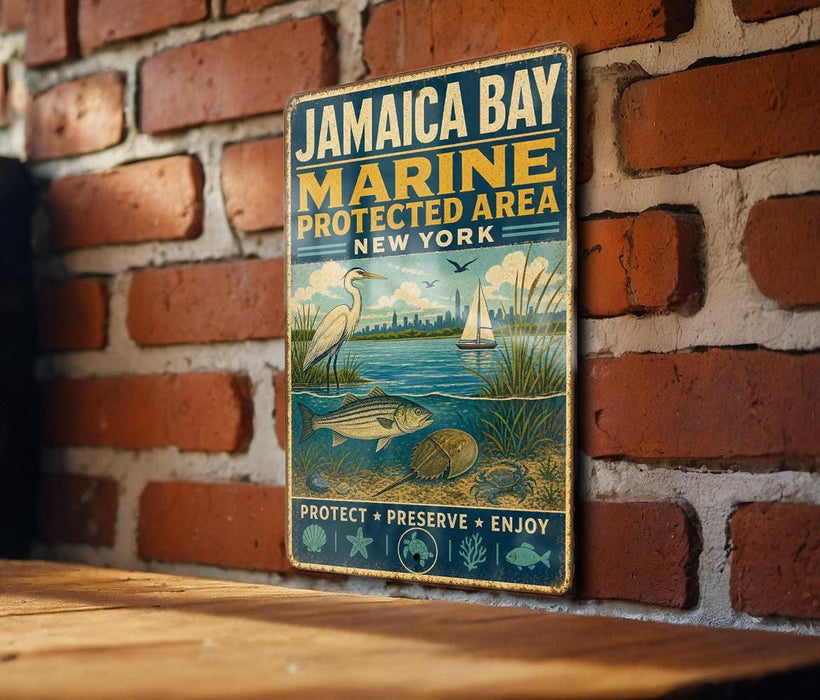 A vintage-style metal sign for Jamaica Bay, New York, featuring illustrations of a bird, fish, and a sailboat, along with the text "JAMAICA BAY MARINE PROTECTED AREA NEW YORK" and the phrases "PROTECT • PRESERVE • ENJOY".