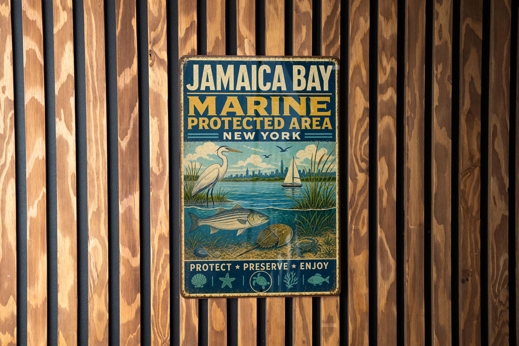 A metal sign with text and illustrations is attached to a wooden wall.