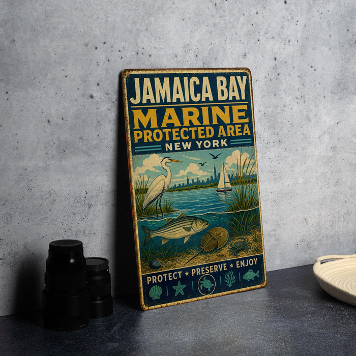 A vintage-style metal sign for Jamaica Bay, New York, featuring illustrations of marine life and a seagull, along with the text "JAMAICA BAY MARINE PROTECTED AREA NEW YORK".