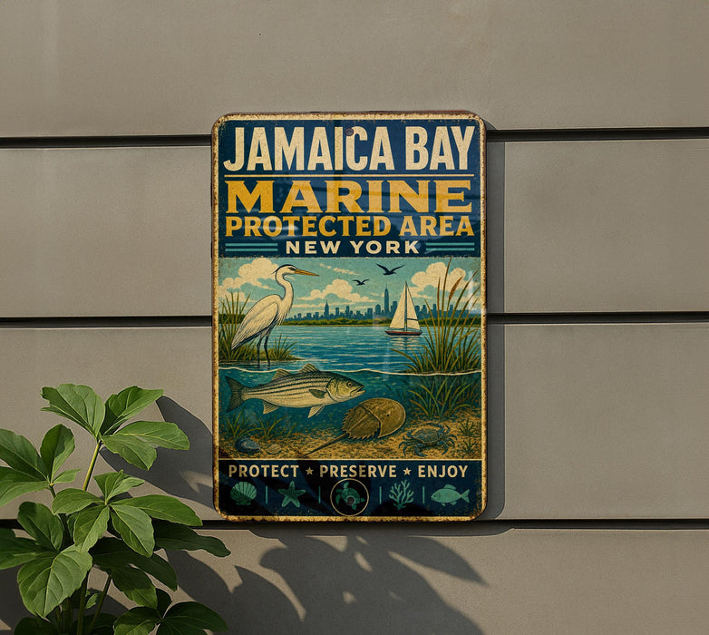 A metal sign on a wall that reads "Jamaica Bay Marine protected area New York" with illustrations of a bird, fish, and a sailboat.