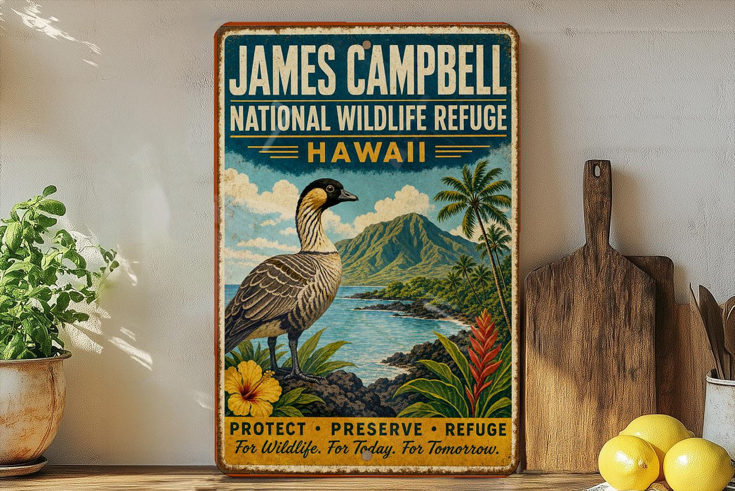 A vintage-style poster advertising the James Campbell National Wildlife Refuge in Hawaii, featuring a colorful illustration of a Hawaiian bird and tropical landscape.
