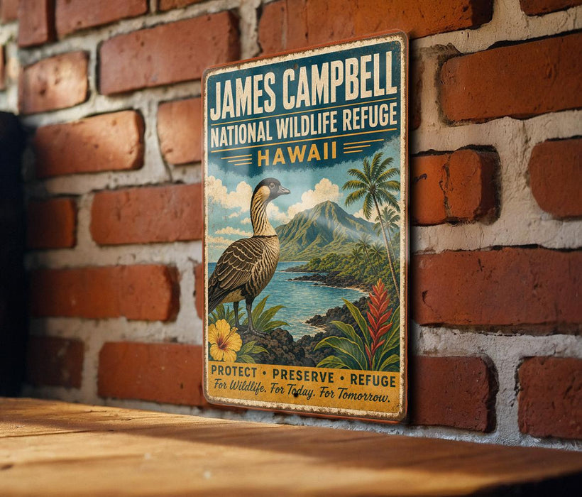 A vintage-style metal sign for the James Campbell National Wildlife Refuge in Hawaii, featuring a bird and tropical landscape.