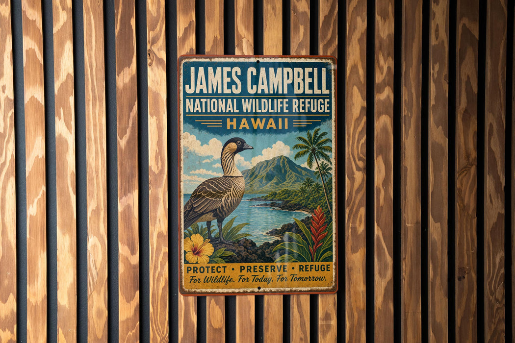 A vintage-style metal sign with a bird and tropical landscape, mounted on a wooden wall.