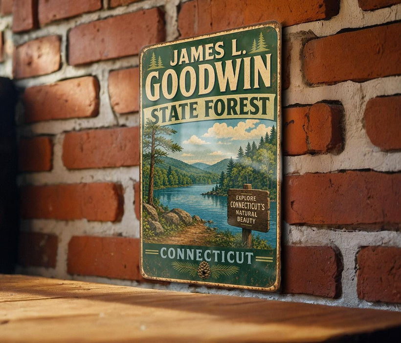 A vintage metal sign for James L. Goodwin State Forest hangs on a brick wall, featuring a scenic landscape with a lake and mountains.