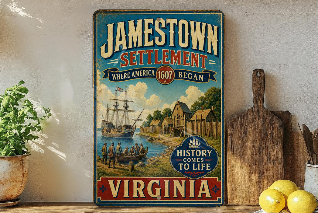 A vintage-style sign for Jamestown Settlement, Virginia, featuring a ship, people, and a coastal scene.