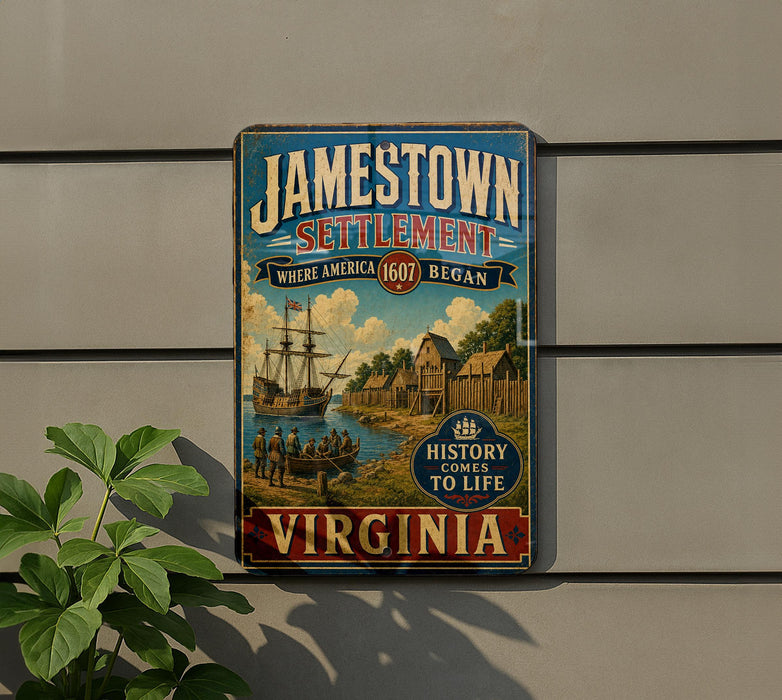 A vintage-style metal sign for Jamestown Settlement, Virginia, featuring a ship and buildings, mounted on a wall.