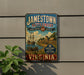 A vintage-style metal sign for Jamestown Settlement, Virginia, featuring a ship and buildings, mounted on a wall.