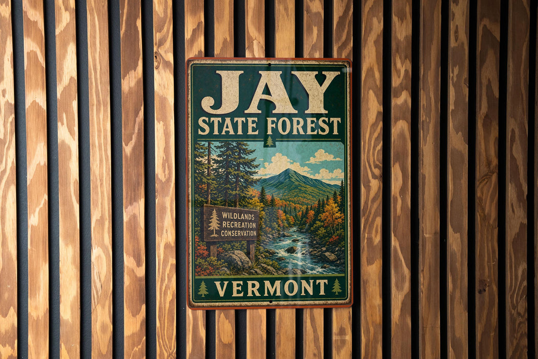 A vintage metal sign for the Jay State Forest in Vermont, featuring a scenic image of the forest and mountains.