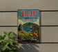A vintage-style metal sign for Jeju Island Park, Republic of Korea, featuring a scenic landscape with mountains, a statue, and orange trees.