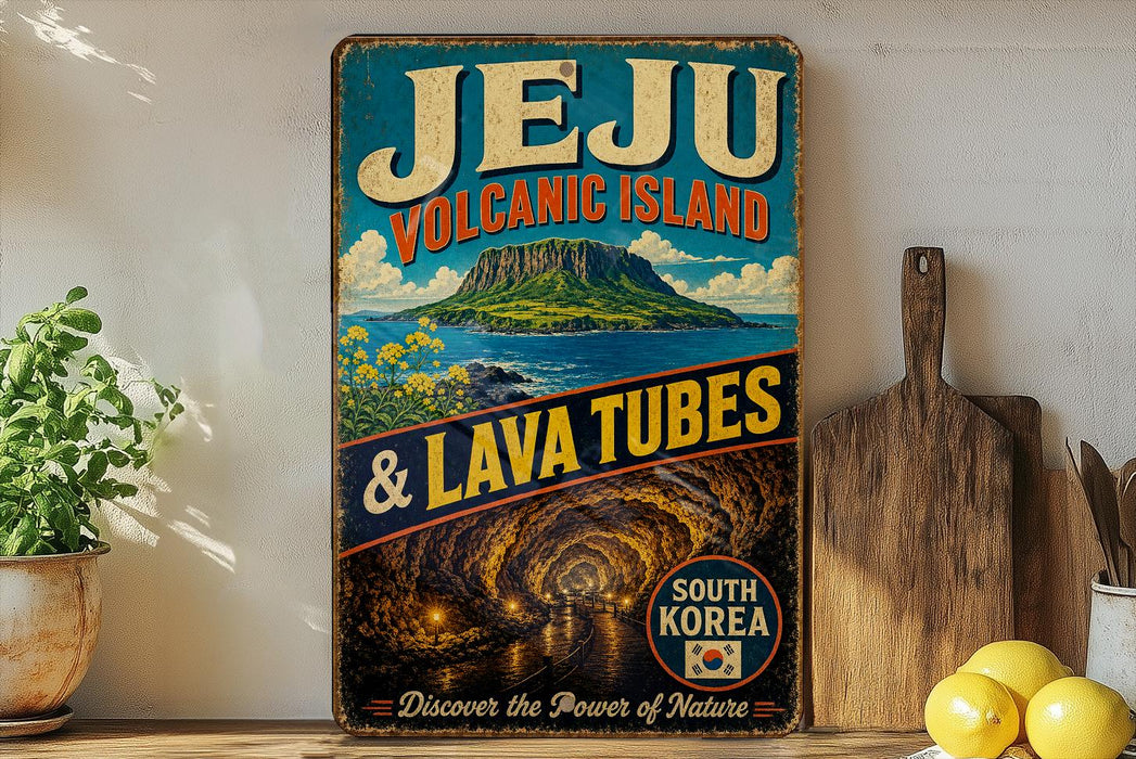 A vintage-style sign advertising Jeju Volcanic Island, featuring a scenic illustration of the island, lava tubes, and a tunnel leading to a mountain.