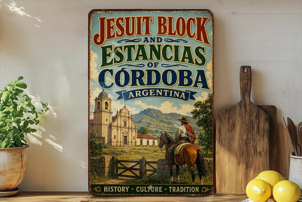 A vintage-style sign advertising "JESUIT BLOCK AND ESTÁNCIAS OF CORDOBA ARGENTINA" with a picture of a man on a horse in the foreground.